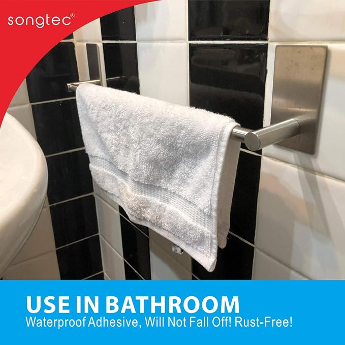 Songtec Adhesive Towel Bar 12inch Brushed, Stick On Bath Towel Rack Easy Install - Image 8