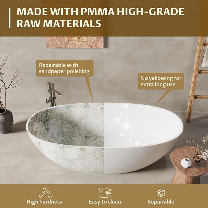 65 in Solid Surface Freestanding Bathtub, Contemporary Oval Shape Soaking Tub - Image 3