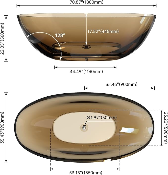 71" Premium Solid Surface Freestanding Bathtub, Upgraded Transparent Dark Brown - Image 6