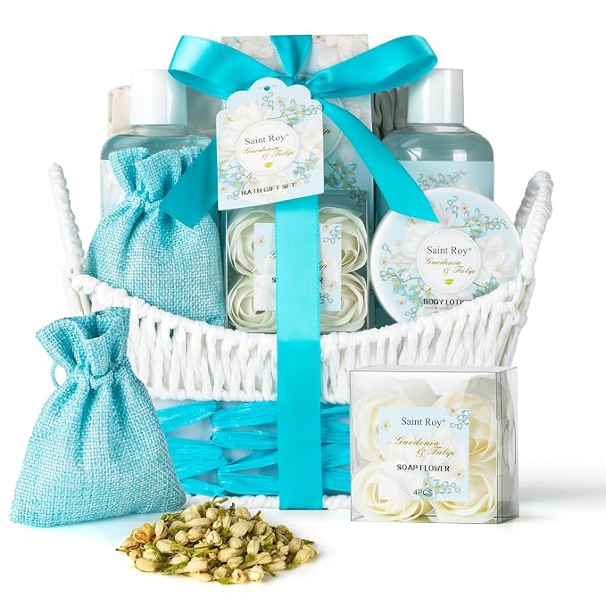 Christmas Gifts for Women, Spa Gift Baskets for Ladies 8pcs Gardenia Tulip Bath by SaintRoy