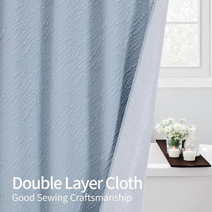 MitoVilla Fog Blue Shower Curtain, Farmhouse Waves Fabric Shower Curtains - Image 6
