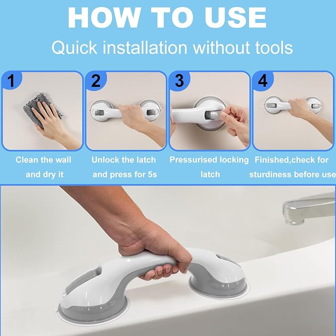 Shower Handles for Elderly Suction Seniors Cup 12 Inch Grey Grab Bar Safety - Image 4