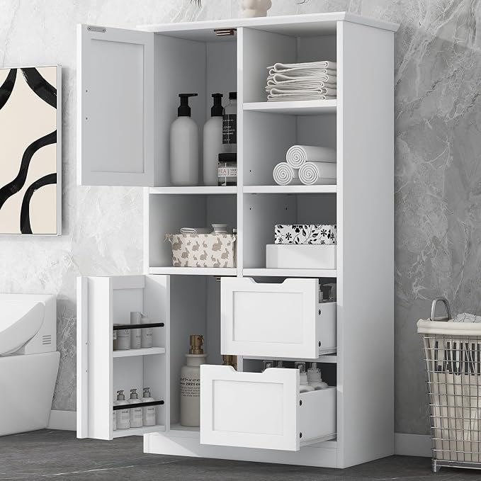 Tall Wide Storage Cabinet with 2 Doors, 2 Drawers, and Adjustable Shelves by Virubi