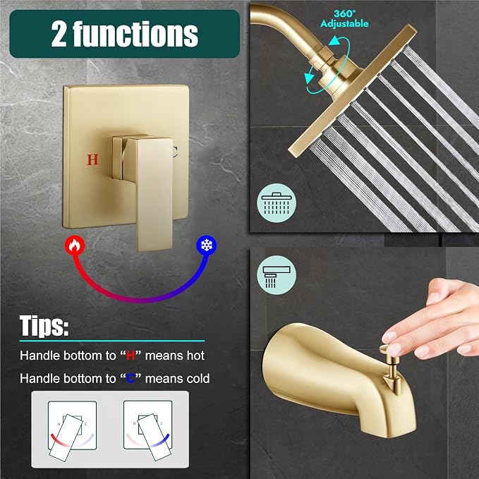 Heyalan Bathtub Shower Faucet Set, 6 Inch Square Trim Kit - Image 4