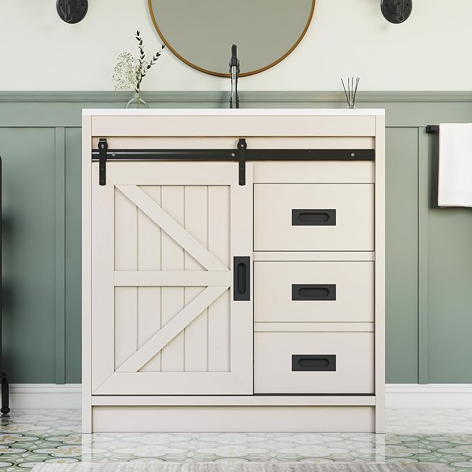 31" Farmhouse Sliding Barn Door Bathroom Vanity - Image 3