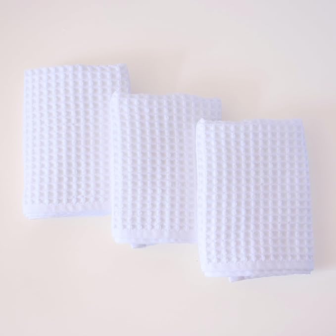 PÜSKÜL Organic Waffle Hand & Kitchen Towel 100% Turkish Cotton Set of 3 White - Image 2