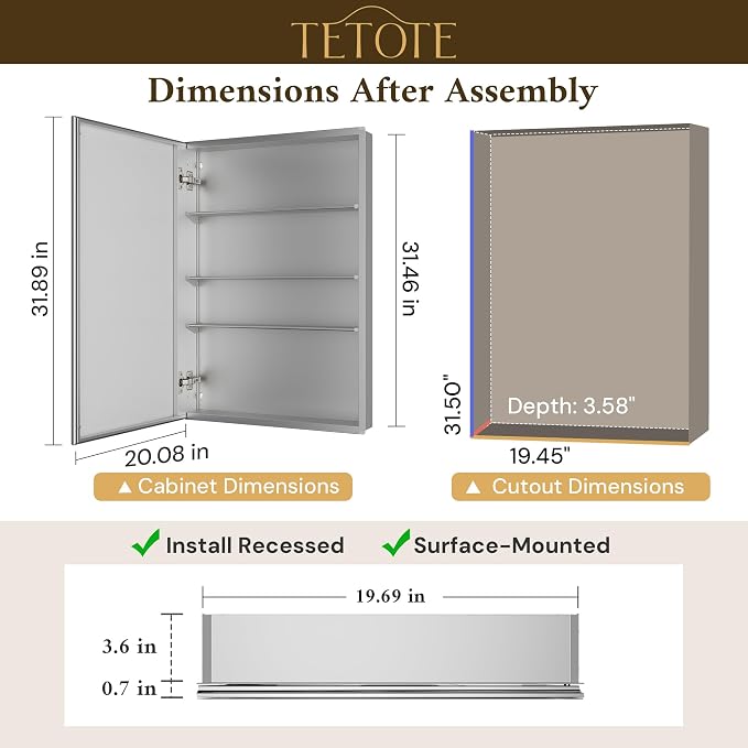 TETOTE 20 x 32 Medicine Cabinet Mirror - Image 2