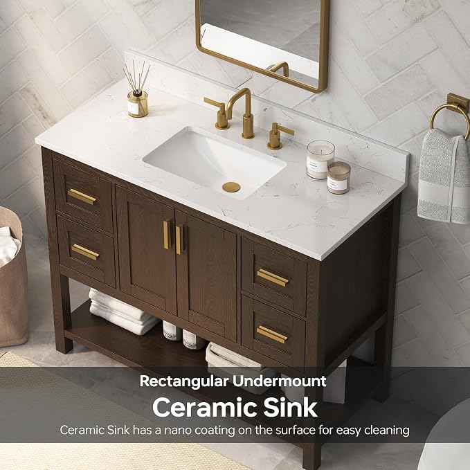 42 Inch Bathroom Vanity with Sink, Farmhouse Storage Cabinet with Drawers & - Image 5