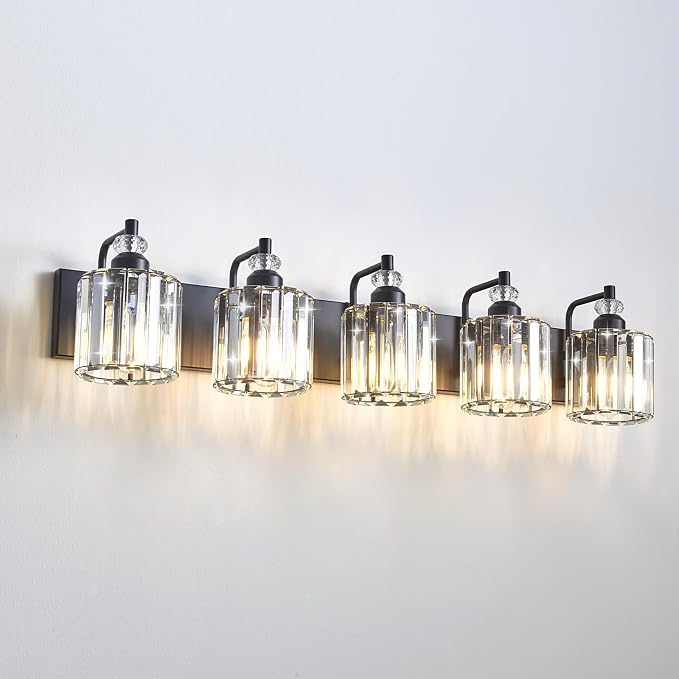 5-Light Black Bathroom Light Fixtures Over Mirror Modern Vanity Lights Crystal by Zqoyn