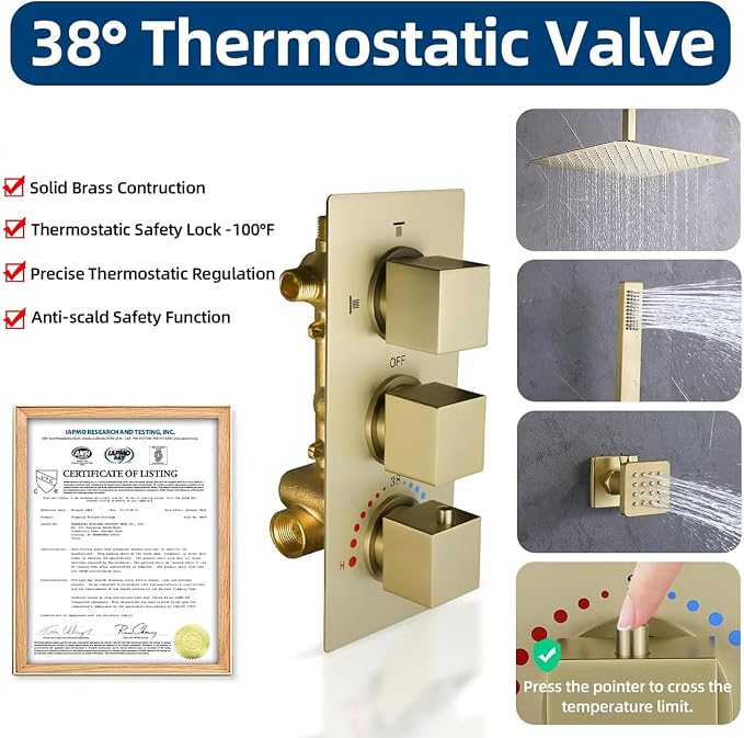 Brass 4 Ways Shower Diverter Valve Brushed Gold, HOMEDEC Thermostatic 4 Outlets - Image 2