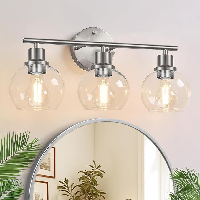 3-Light Bathroom Light Fixtures, Brushed Nickel Modern Vanity Lights Over Mirror by Indoibrightenyourbathroom