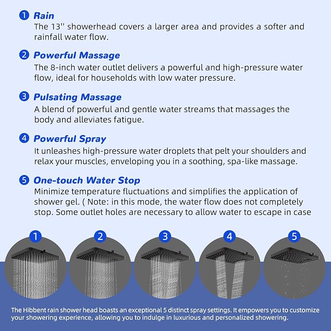 Hibbent 5-spray Filtered Rainfall Shower Head Combo, High Pressure 13'' - Image 2