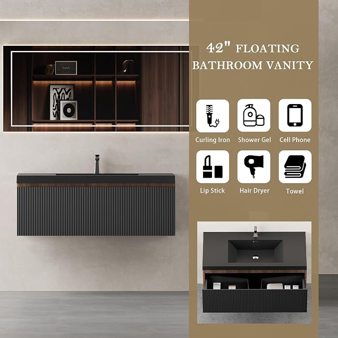 42'' Modern Floating Bathroom Vanity Sink Combo, Wall-Mounted Striped Cabinet - Image 3