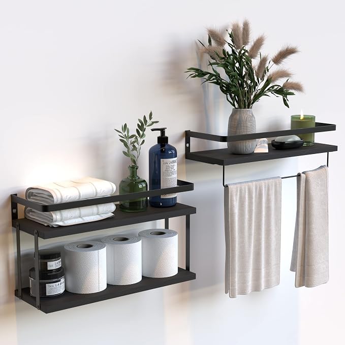 RICHER HOUSE 2+1 Tier Wall Mounted Floating Shelves Set of 2, Rustic Wood Wall by RicherHouse