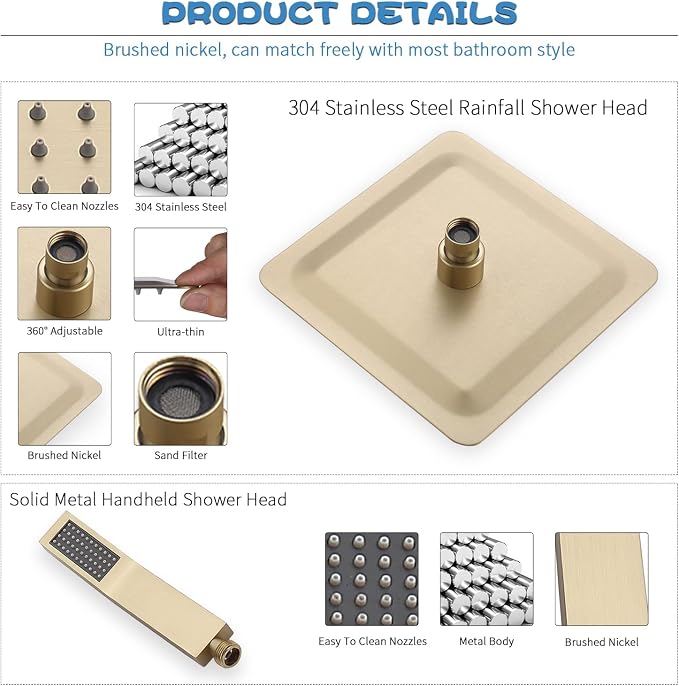 All Metal Shower Faucet Set, Dual Square Shower Head System - Image 2