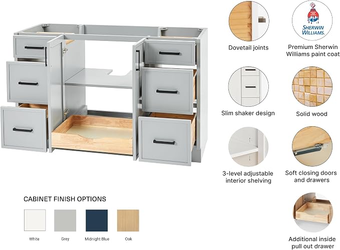 ARIEL Kelly 54 inch Bathroom Vanity Without Sink in Grey, Bathroom Base Cabinet - Image 2
