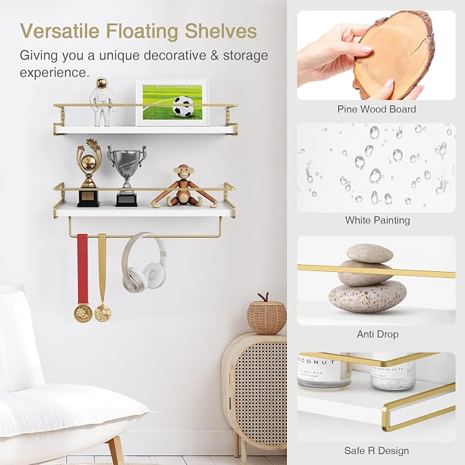 Forbena Floating Bathroom Shelves Wall Mounted, Aesthetic White and Gold Shelves - Image 7
