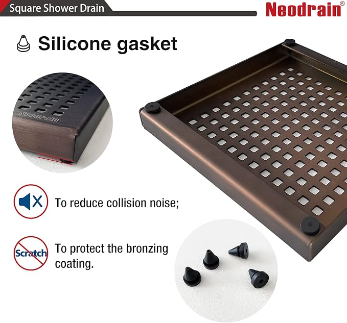 Neodrain 6 in Square Shower Drain, Oil Rubbed Bronze, Removable Quadrato - Image 7