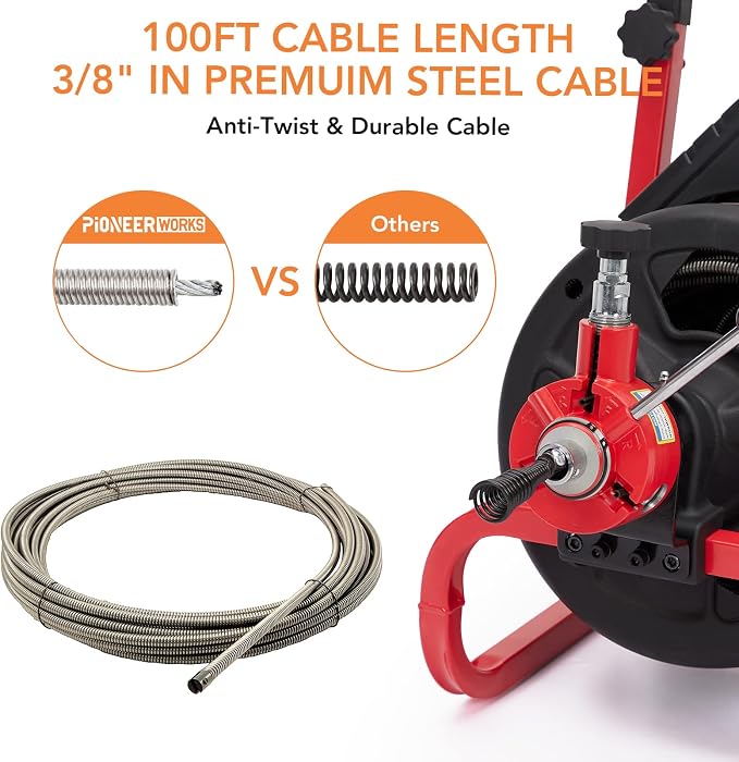 Heavy Duty Electric Drain Cleaner Machine, 100 Ft x 3/8 Inch Sewer Snake - Image 3