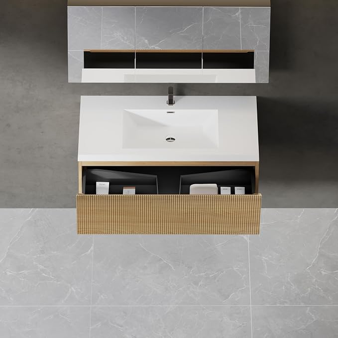 Modern 42'' Floating Bathroom Vanity Sink Combo, Wall-Mounted Striped Cabinet - Image 9
