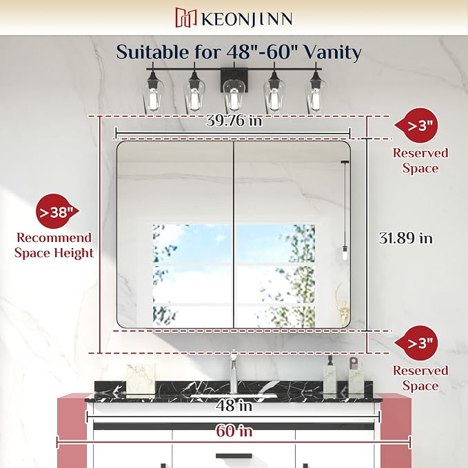 Keonjinn 40 x 32 Inch Large Black Medicine Cabinets, Recessed Bathroom Medicine - Image 2