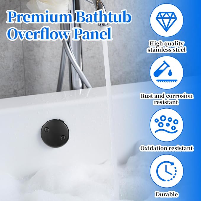 Black Tub Overflow Cover, 3-1/8" Universal Two-Hole Tub Bathtub Drain Cover Two - Image 3