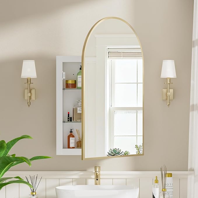 Recessed Medicine Cabinet for Bathroom, Brushed Gold Arched Medicine Cabinet by Mepplzian