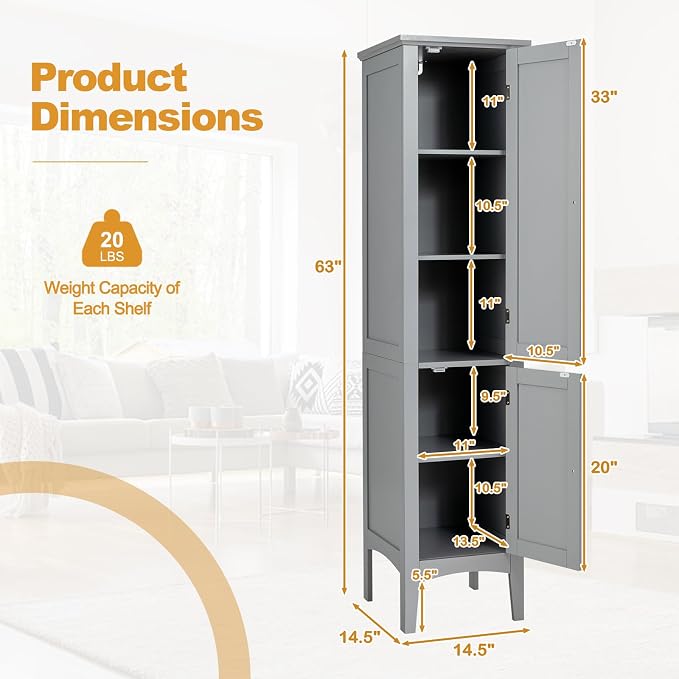 COSTWAY Tall Bathroom Storage Cabinet, 5-Tier Freestanding Linen Tower Cabinet - Image 3