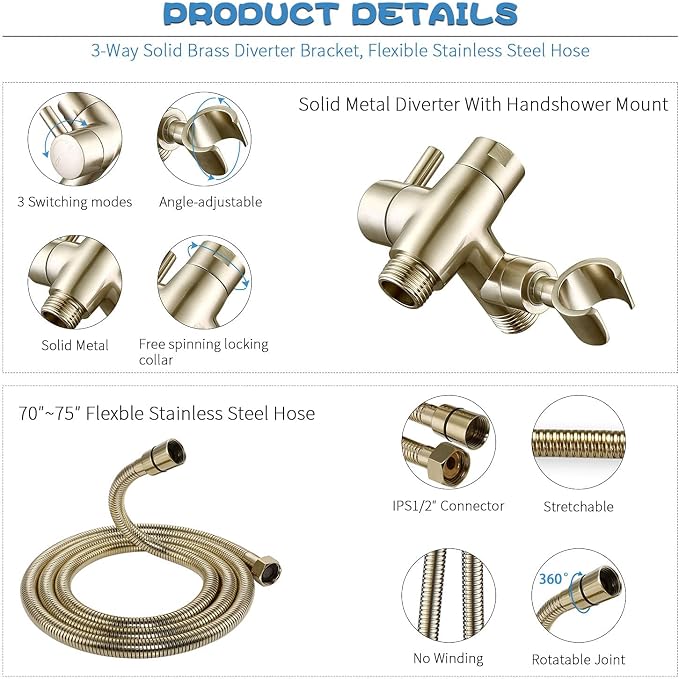 All Metal Shower Faucet Set, Dual Square Shower Head System - Image 3