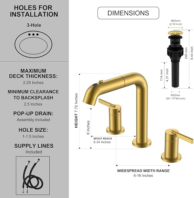 KENES Brushed Gold Pull Down Bathroom Faucet, 8 Inch 2 Handle Widespread - Image 6