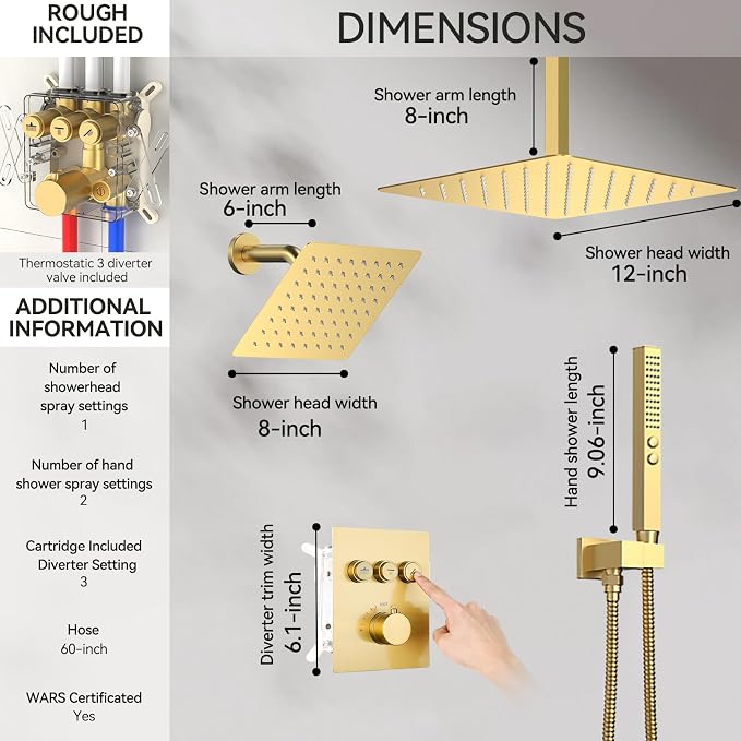 Brushed Gold Shower System, STARBATH Ceiling Mounted 12+8 Inch Rainfall Shower - Image 5
