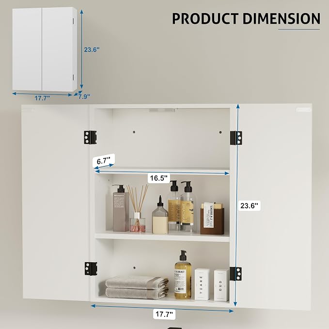 eclife 24" Bathroom Medicine Cabinet W/Mirror, Double Doors Bathroom White Wall - Image 2