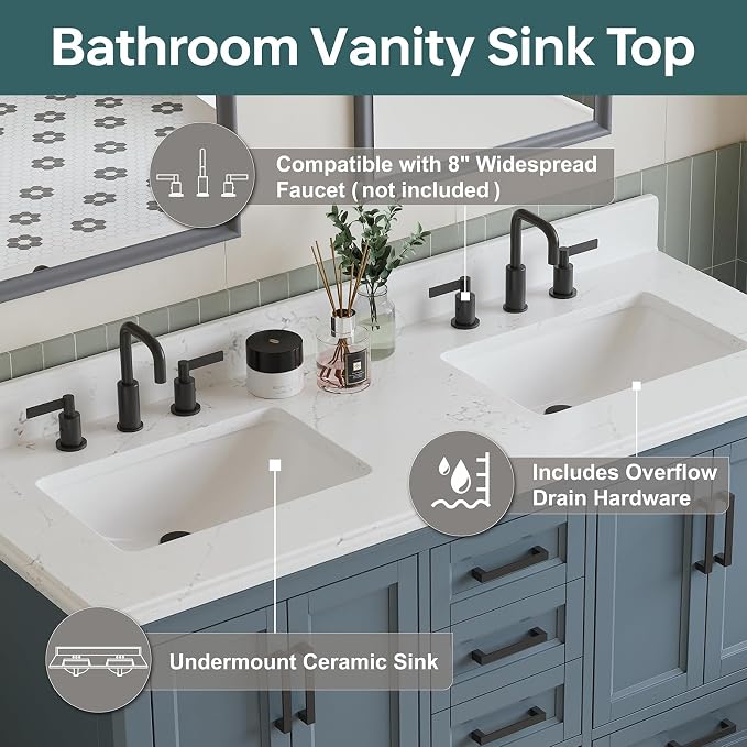 60 Inch Bathroom Vanity Double Sink, Fully Assembled Solid Wood Frame Double - Image 4