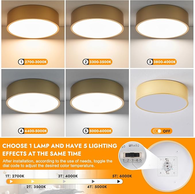 Dimmable Modern Flush Mount Ceiling Light Fixture, Painted Gold Round LED - Image 4