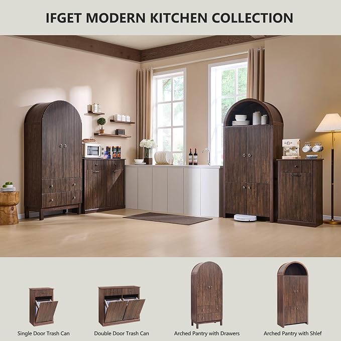 71" Tall Arched Kitchen Pantry, Modern Fluted Wood Storage Cabinet - Image 6