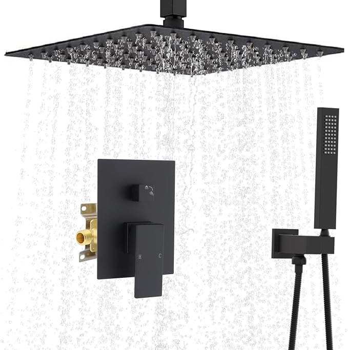 Matte Black Full Body Rain Shower System 16 Inch Ceiling Mount Dual Function by NPYSVSSS