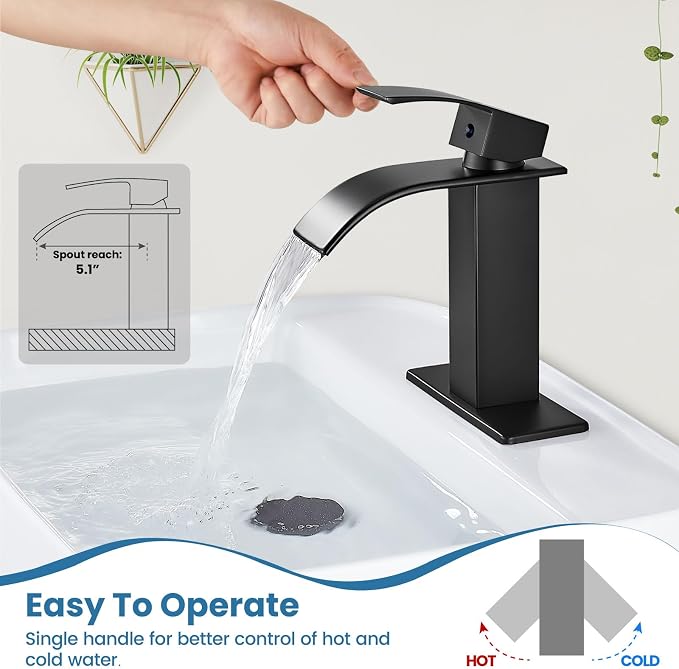 Airuida Matte Black Waterfall Bathroom Faucet, Single Handle Single Hole - Image 2