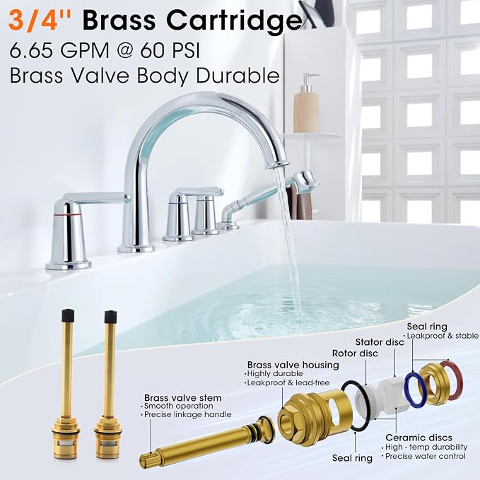 Roman Bath Tub Faucet Set with Rough-in Valve and Sprayer, Brass 5 Hole - Image 4
