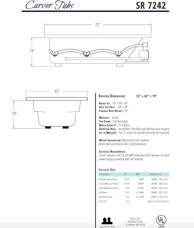 Carver Tubs - SR7242 - Modern Acrylic Fiberglass Whirlpool Water Massage Bathtub - Image 6
