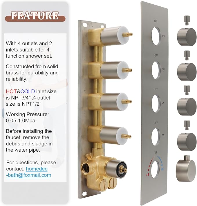 HOMEDEC Modern Solid Brass Concealed 4-Function Thermostatic Shower Diverter - Image 6