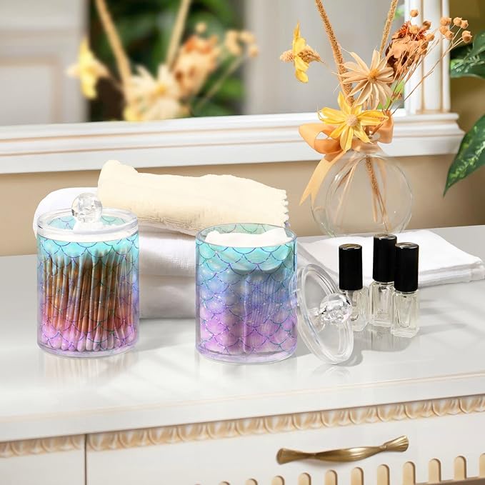 MNSRUU 2 Pack Qtip Holder Organizer Dispenser Pink Blue Mermaid Scales Bathroom - Image 7