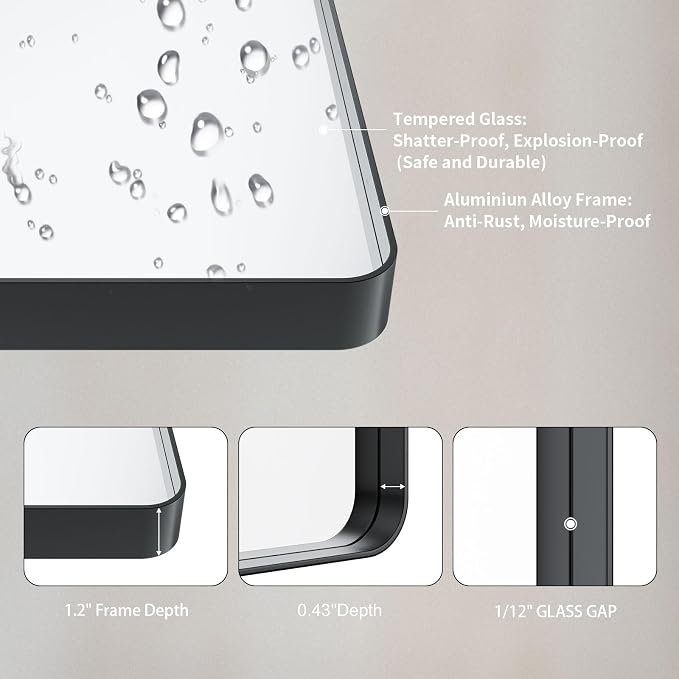 LOAAO 40X32 Inch Black Metal Framed Bathroom Mirror - Image 3