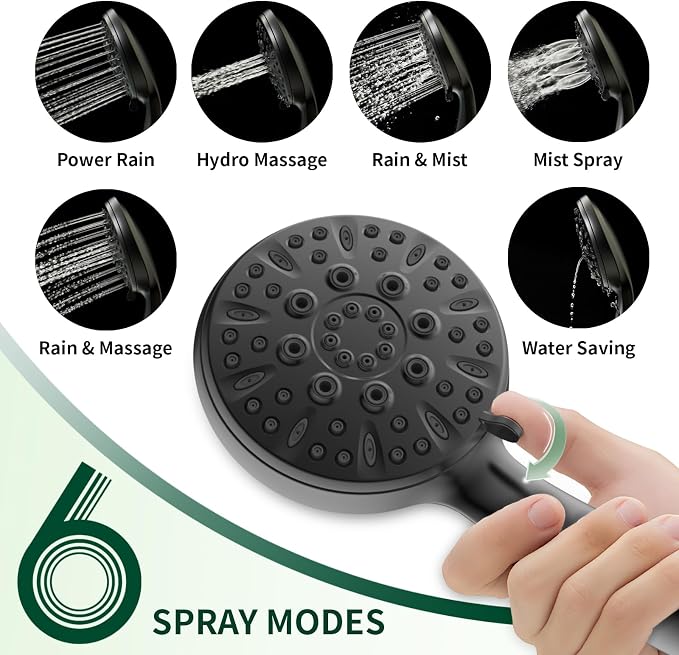 Matte Black Shower Head, 6 Spray Modes Handheld Showerhead, High Pressure - Image 2