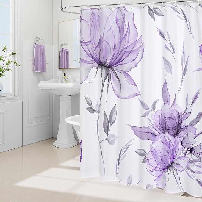 Purple and Grey Boho Watercolor Floral Shower Curtain, Ink Painting Style - Image 2