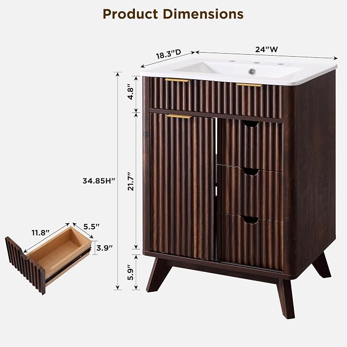 T4TREAM 24" Fluted Bathroom Vanity - Image 2