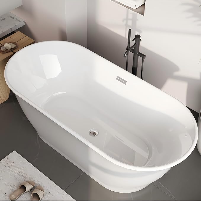Freestanding Bathtub, 59 Inch Acrylic Soaking Tub, Elliptical Design - Image 2