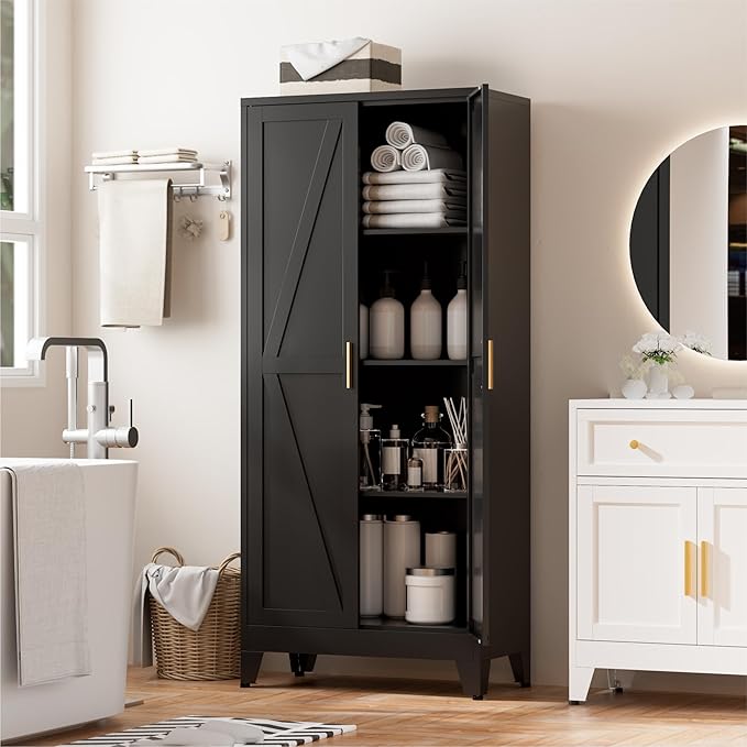61" Black Metal Storage Cabinet, Farmhouse Pantry Cabinet by Unknown