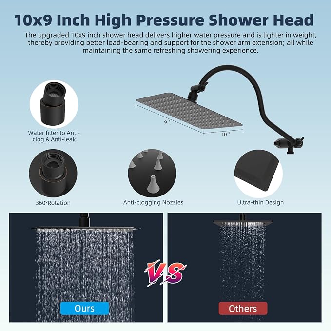 Hibbent All Metal 10'' Dual Filtered Rainfall Shower Head Combo, High Pressure - Image 6