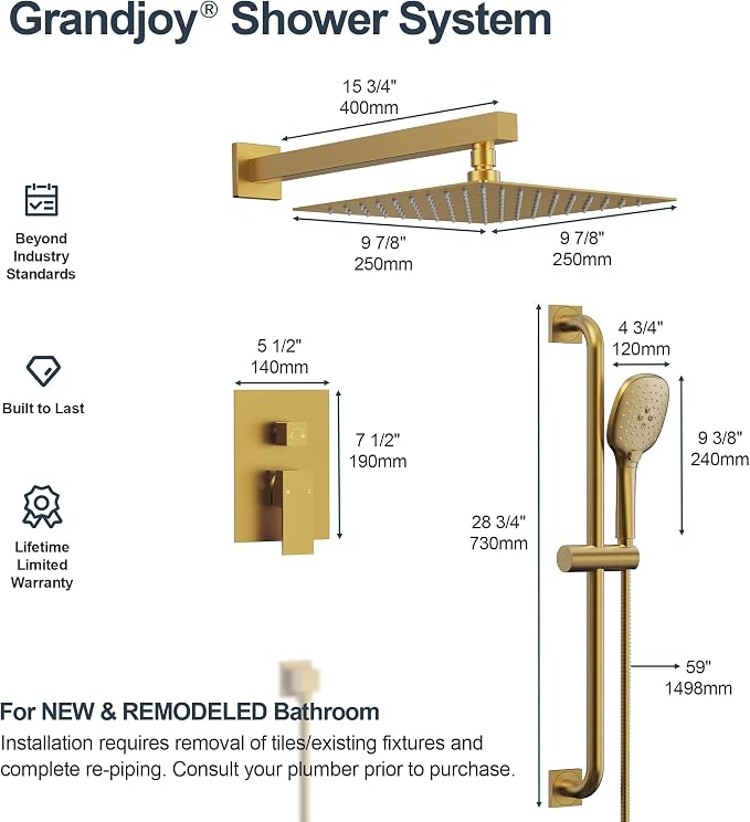 Brushed Gold 10 Inch Rainfall Shower System - Image 9