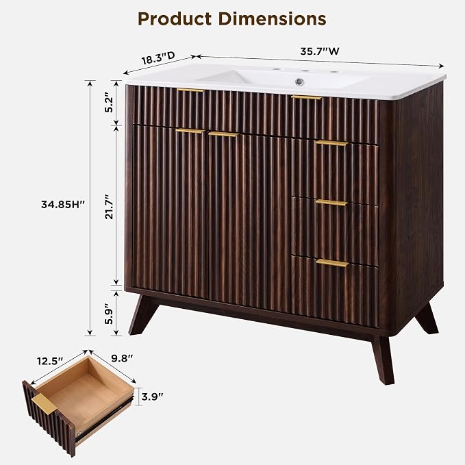 T4TREAM 36" Fluted Bathroom Vanity - Image 2
